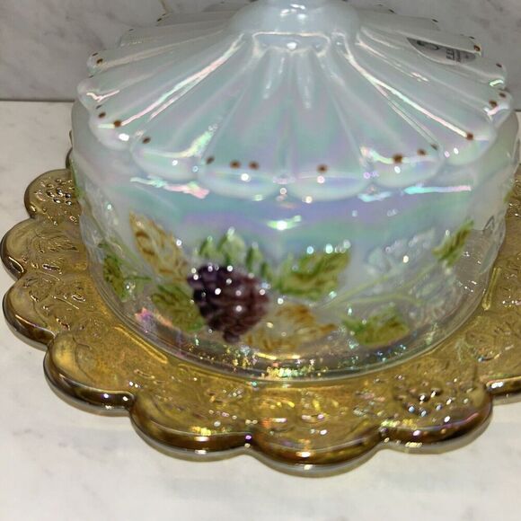 Fenton 2005 Autumn Gold Grapes Hand Painted Covered Butter Dish Signed - Picture 3 of 6